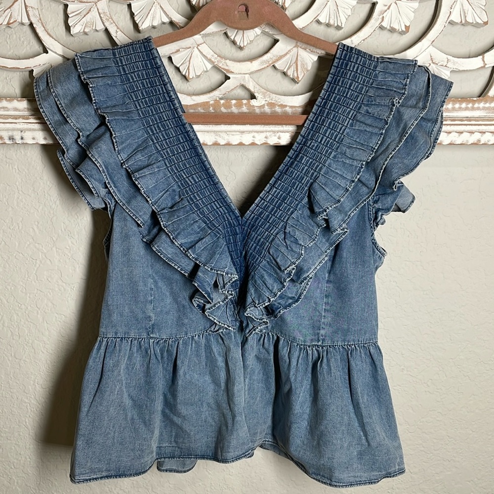 Anthropologie Washed Blue Ruffle V-Neck Peplum Blouse - Picture 2 of 5